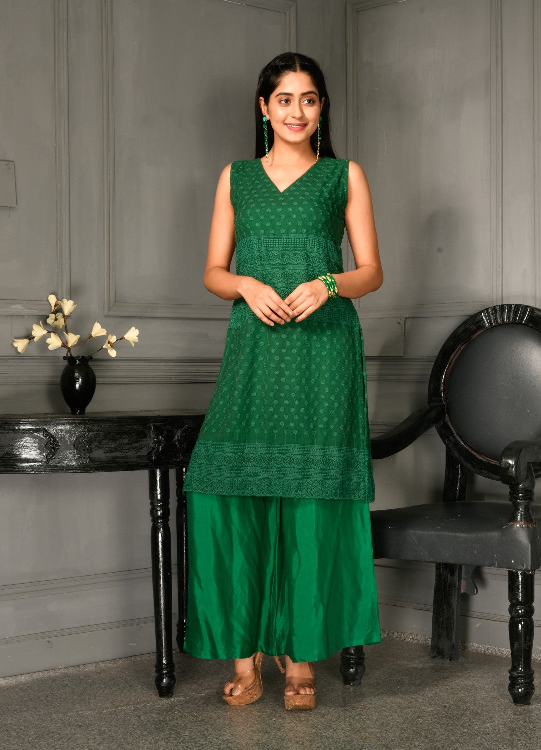 Embroidered Rayon A Line Kurti Set in Dark Green : TVE1284