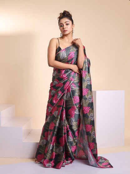Abstract Printed Satin Saree with Blouse Piece