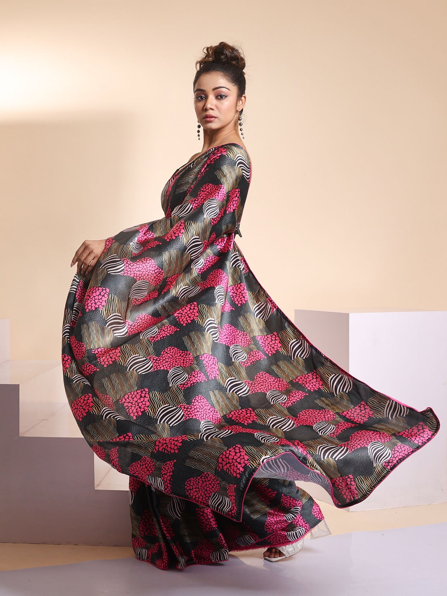 Abstract Printed Satin Saree with Blouse Piece