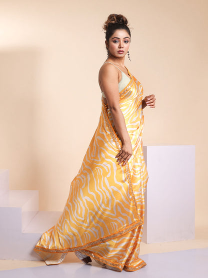 Yellow Tiger Print Saree with Blouse Piece