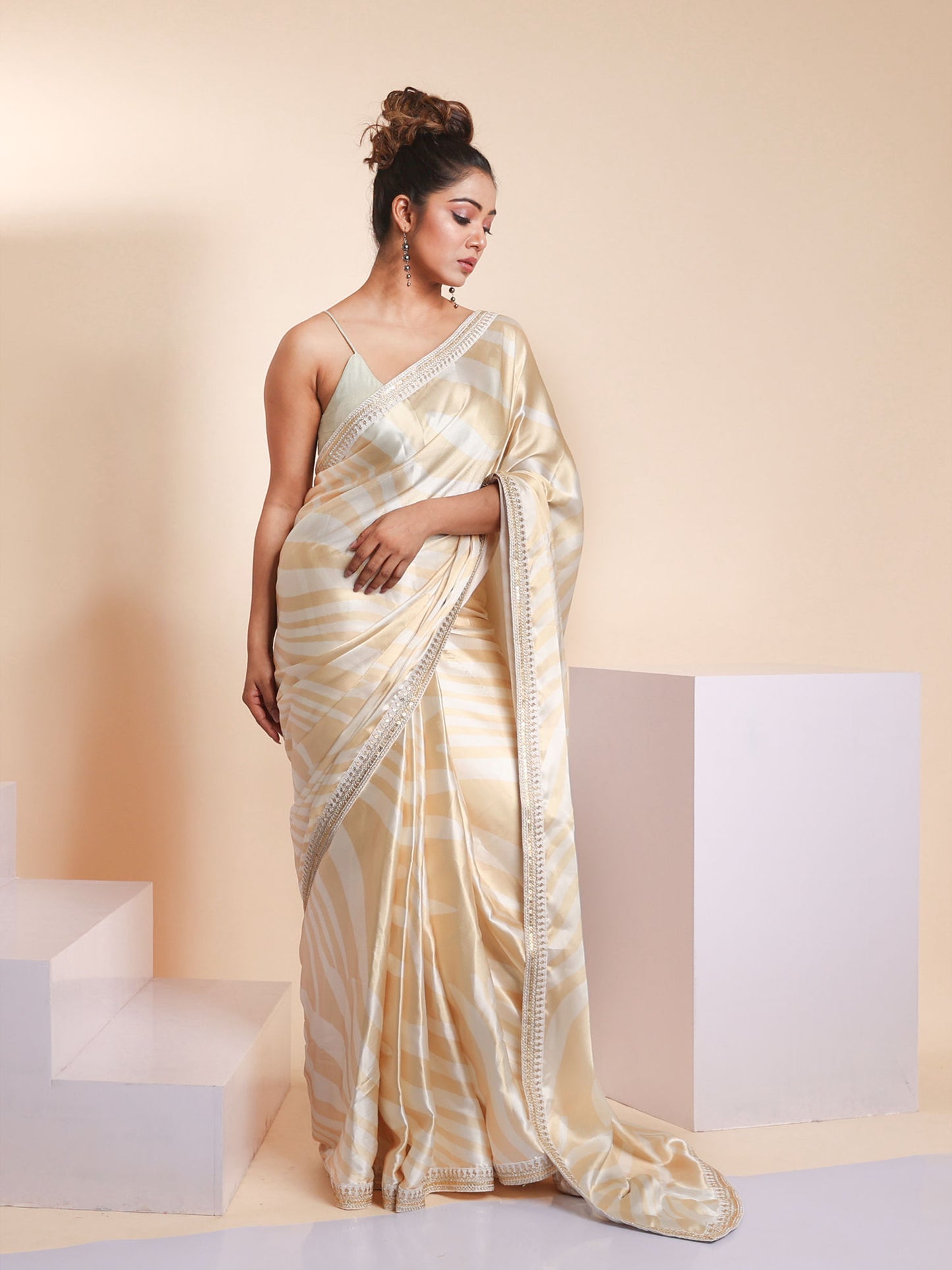Off White and Beige Satin Saree with Blouse Piece