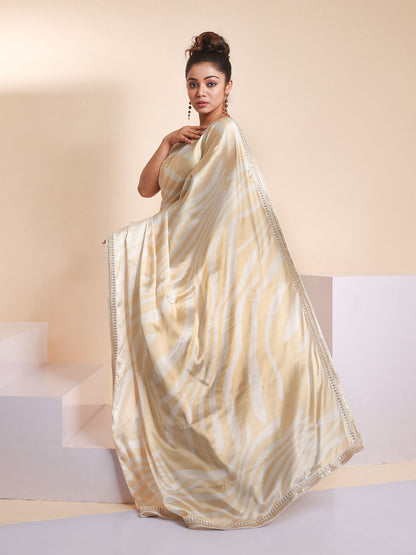 Off White and Beige Satin Saree with Blouse Piece